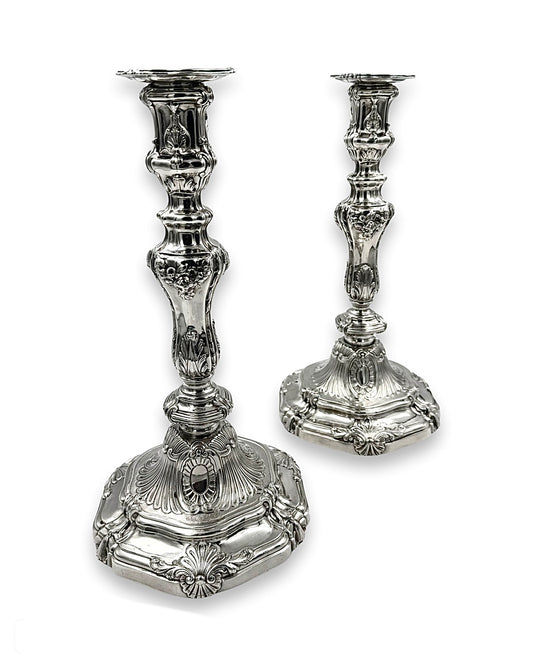 A Rare Pair of George II Rococo Candlesticks made in London in 1751 by Peter Taylor