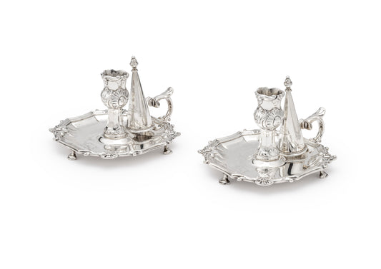 A Magnificent Pair of George III Chambersticks Sterling Silver, London 1818 By William Bennett